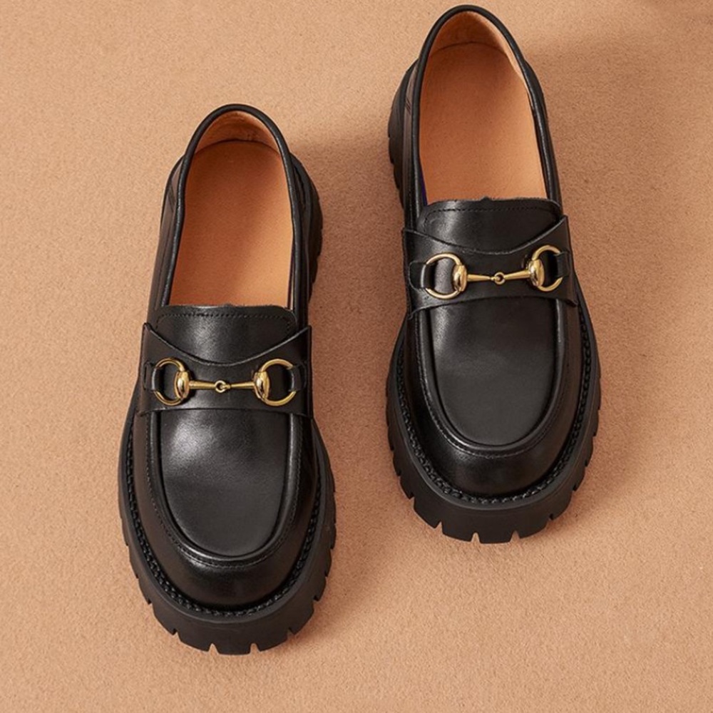 Black Platform Loafers with Gold Accents